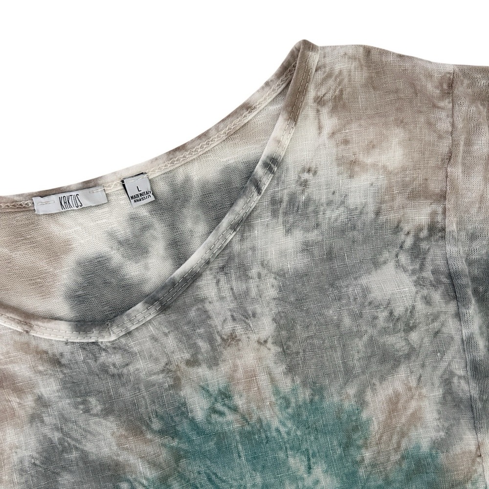 Kaktus Size Large 100% Linen Made in Italy Tie Dye Roll Tab Sleeve V-Neck Top - Picture 9 of 14